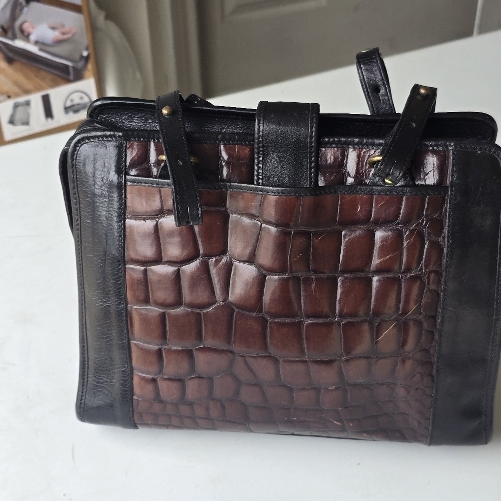 VTG Brahmin Tote Leather Handbag Women Crocodile Print Brown Black Rare - Picture 15 of 15